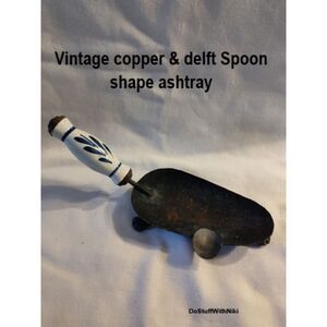 Old brass footed, copper & delft spoon shape ashtray
